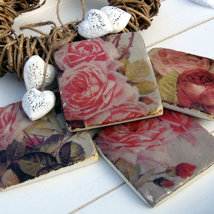 Set of 4 rose tile coasters Bliss and Bloom